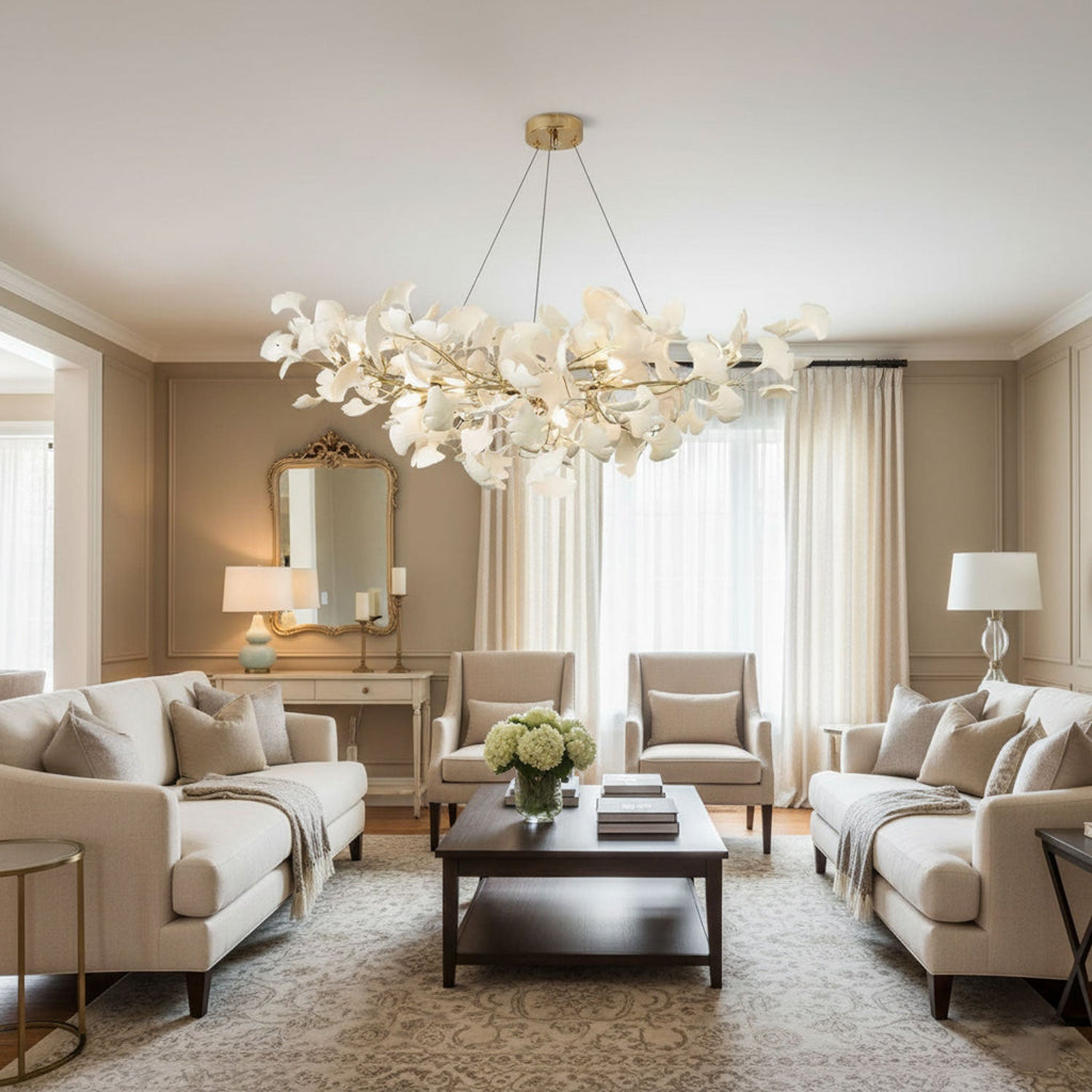 Gingko leaf chandelier shown lit in a warm refined room