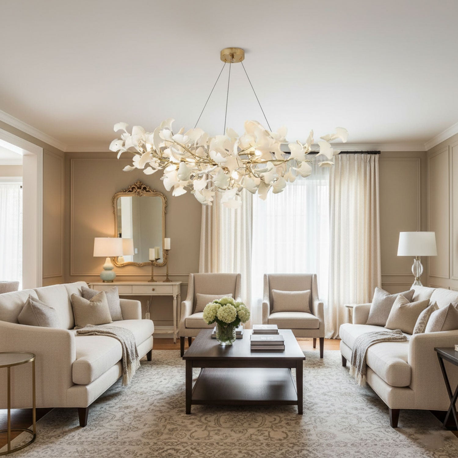 Gingko leaf chandelier shown lit in a warm refined room