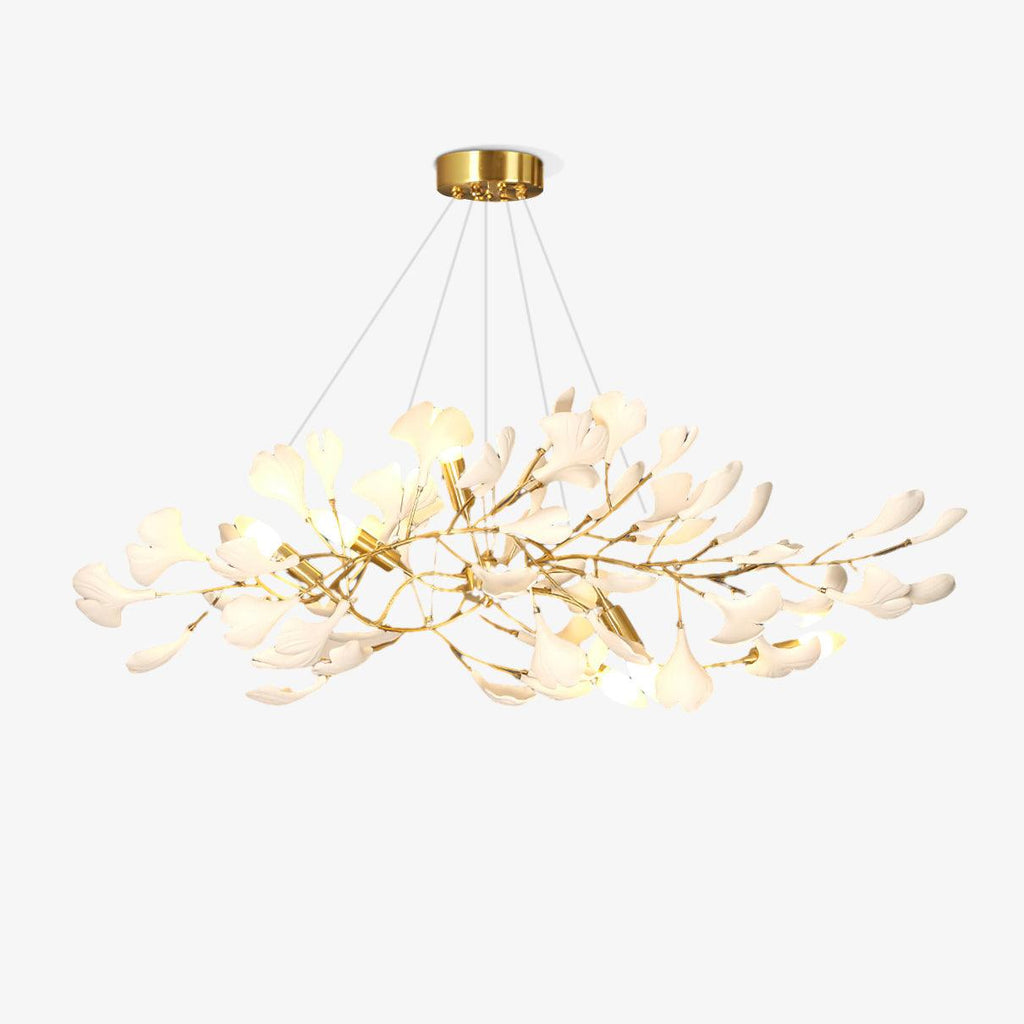 Linear porcelain ginkgo chandelier on a clean backdrop