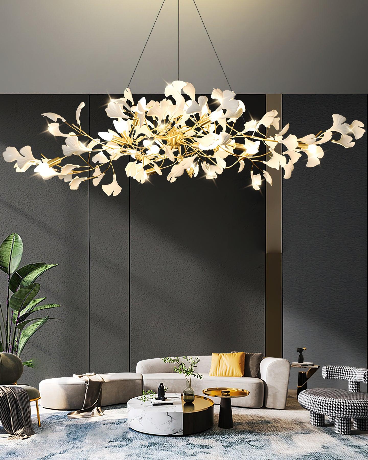 Linear porcelain ginkgo chandelier on a neutral background