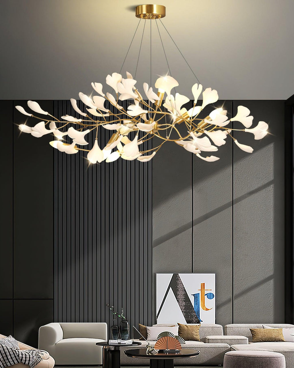 Brass branch chandelier with white porcelain ginkgo leaves