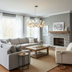 Porcelain ginkgo chandelier lit above a calm dining setting