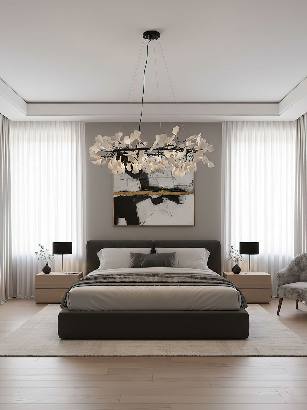 White porcelain ginkgo chandelier in a warm-lit interior