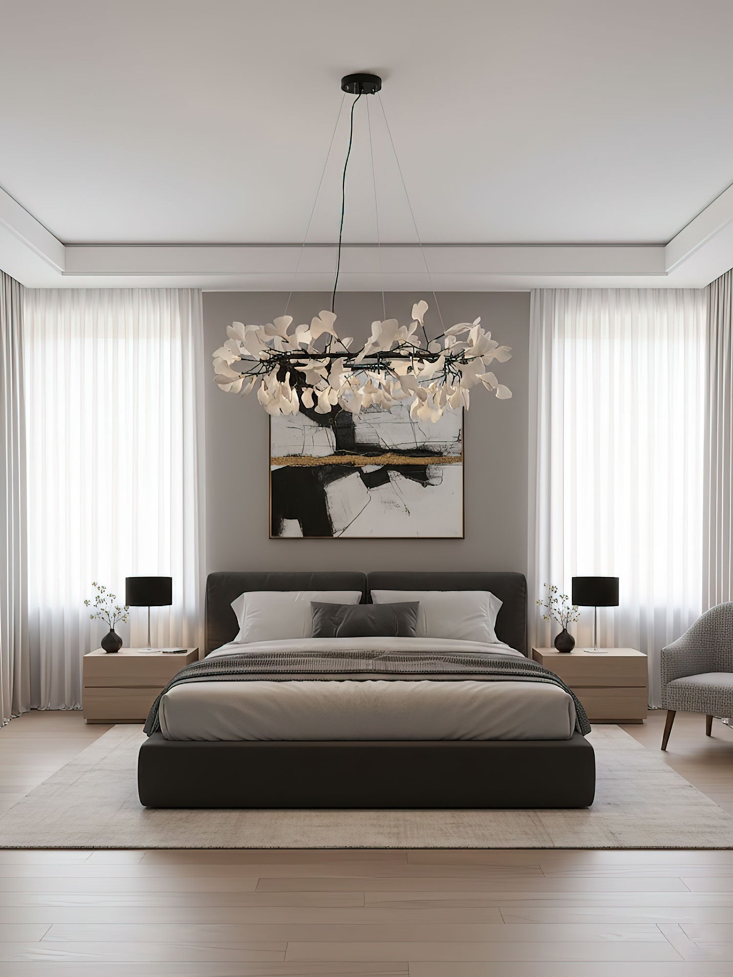 White porcelain ginkgo chandelier in a warm-lit interior