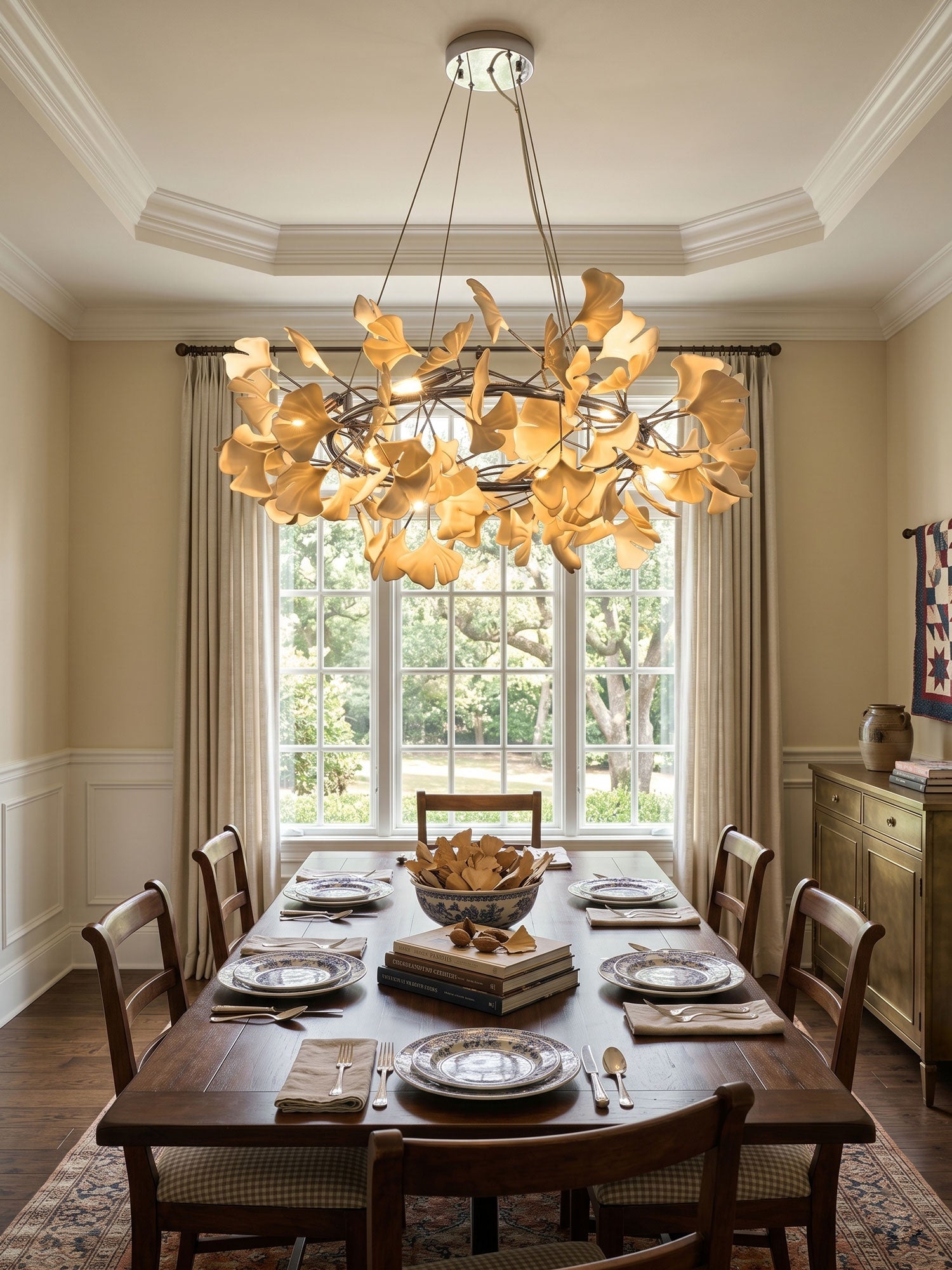 Round porcelain ginkgo chandelier with a slim brass ring