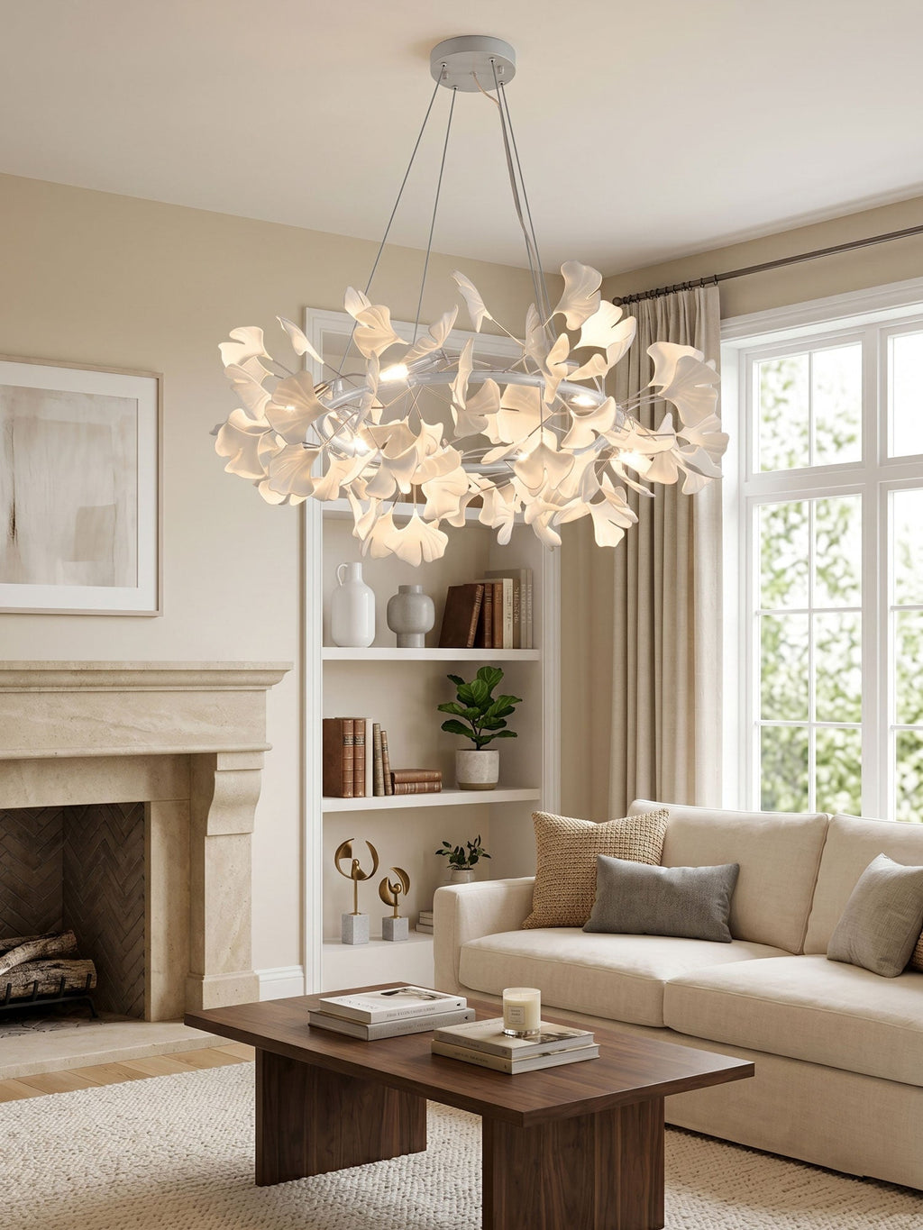 White porcelain ginkgo leaf chandelier on a clean background