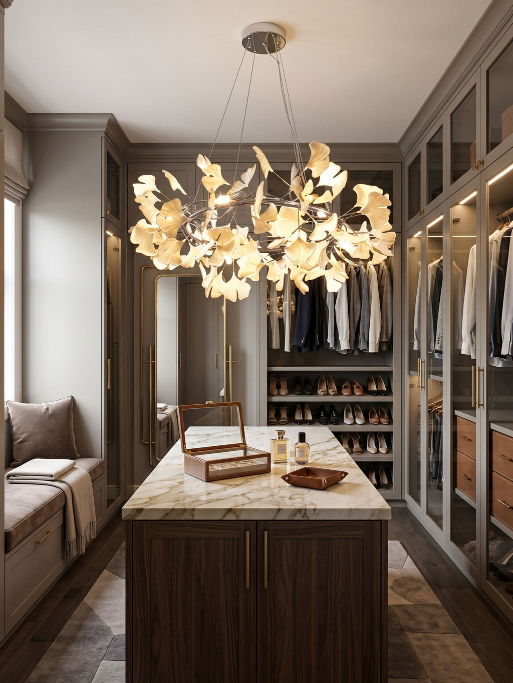 Brass ring chandelier with porcelain ginkgo leaves, side view