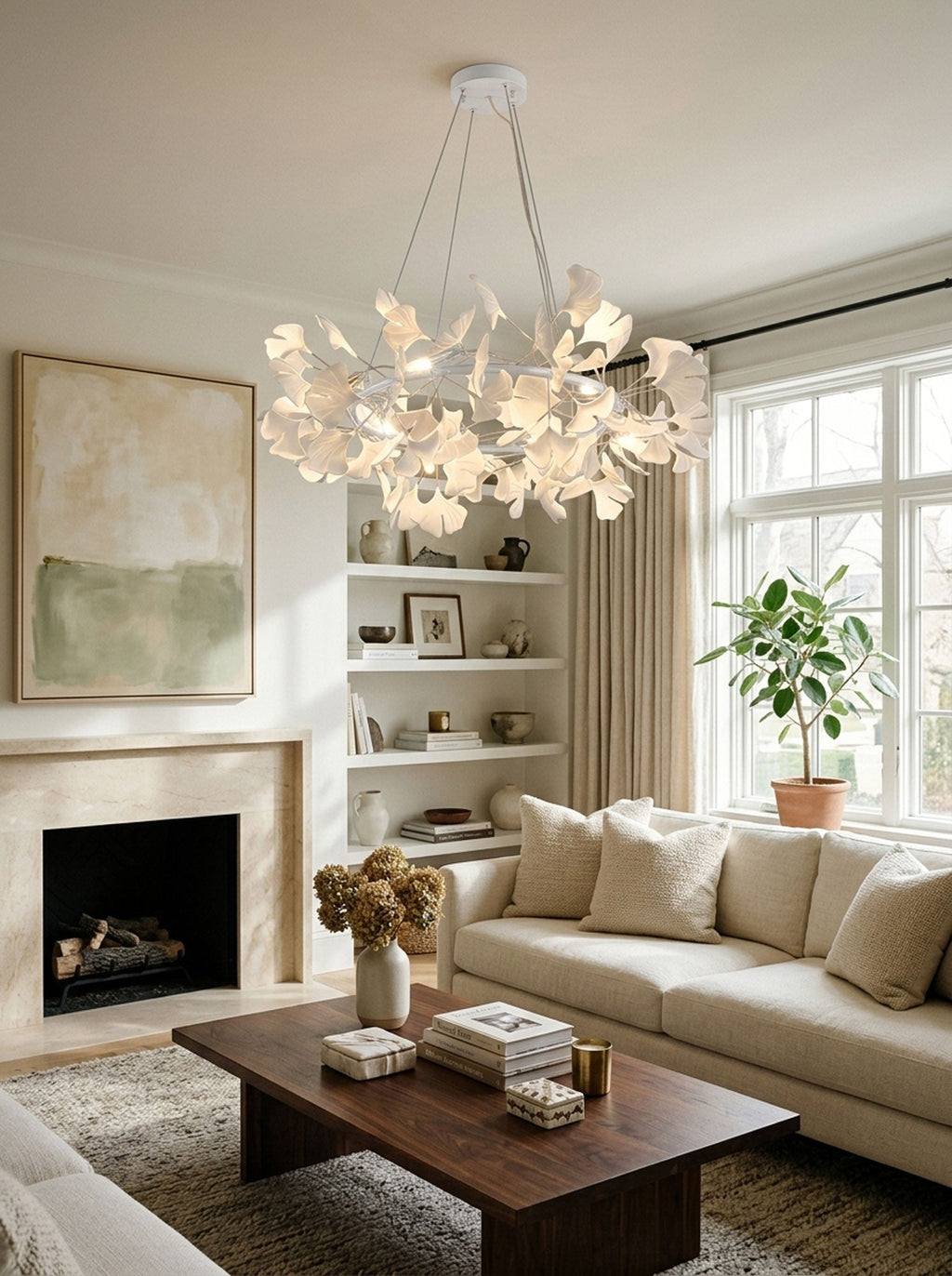 Crown chandelier of porcelain ginkgo leaves glowing softly