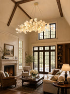 Long porcelain leaf chandelier seen from below