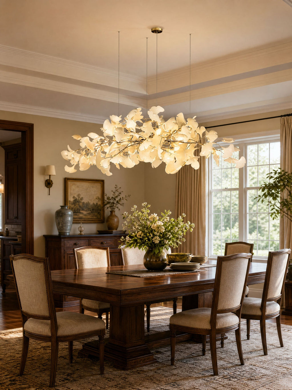 Floating cloud of porcelain leaves lit in an interior