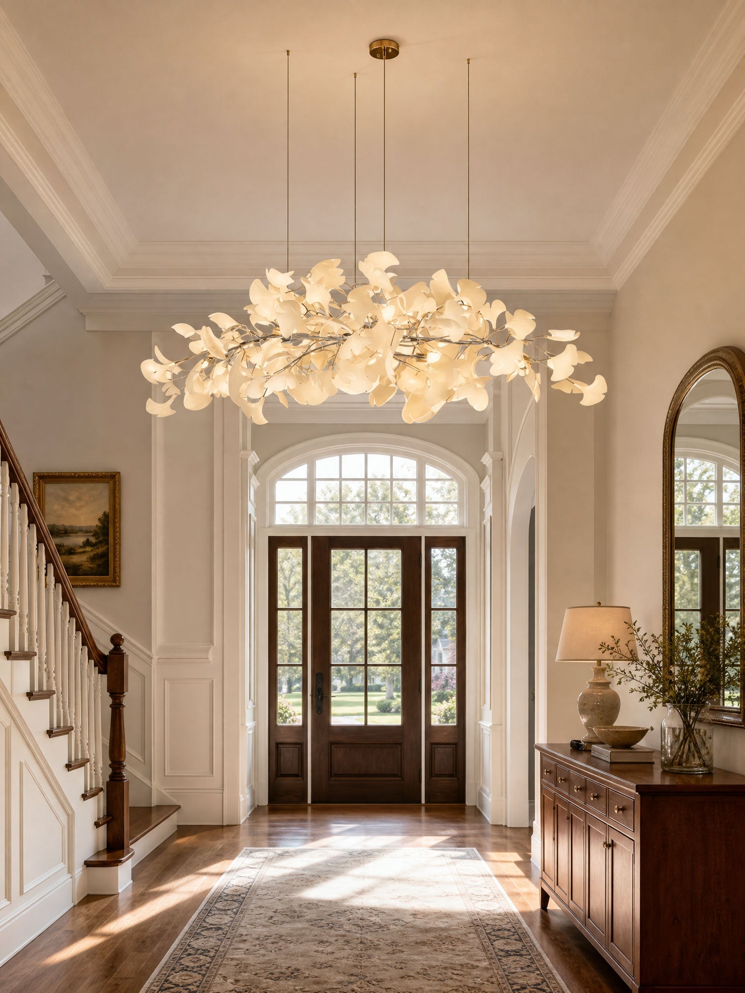 Linear chandelier of porcelain leaves over a kitchen island