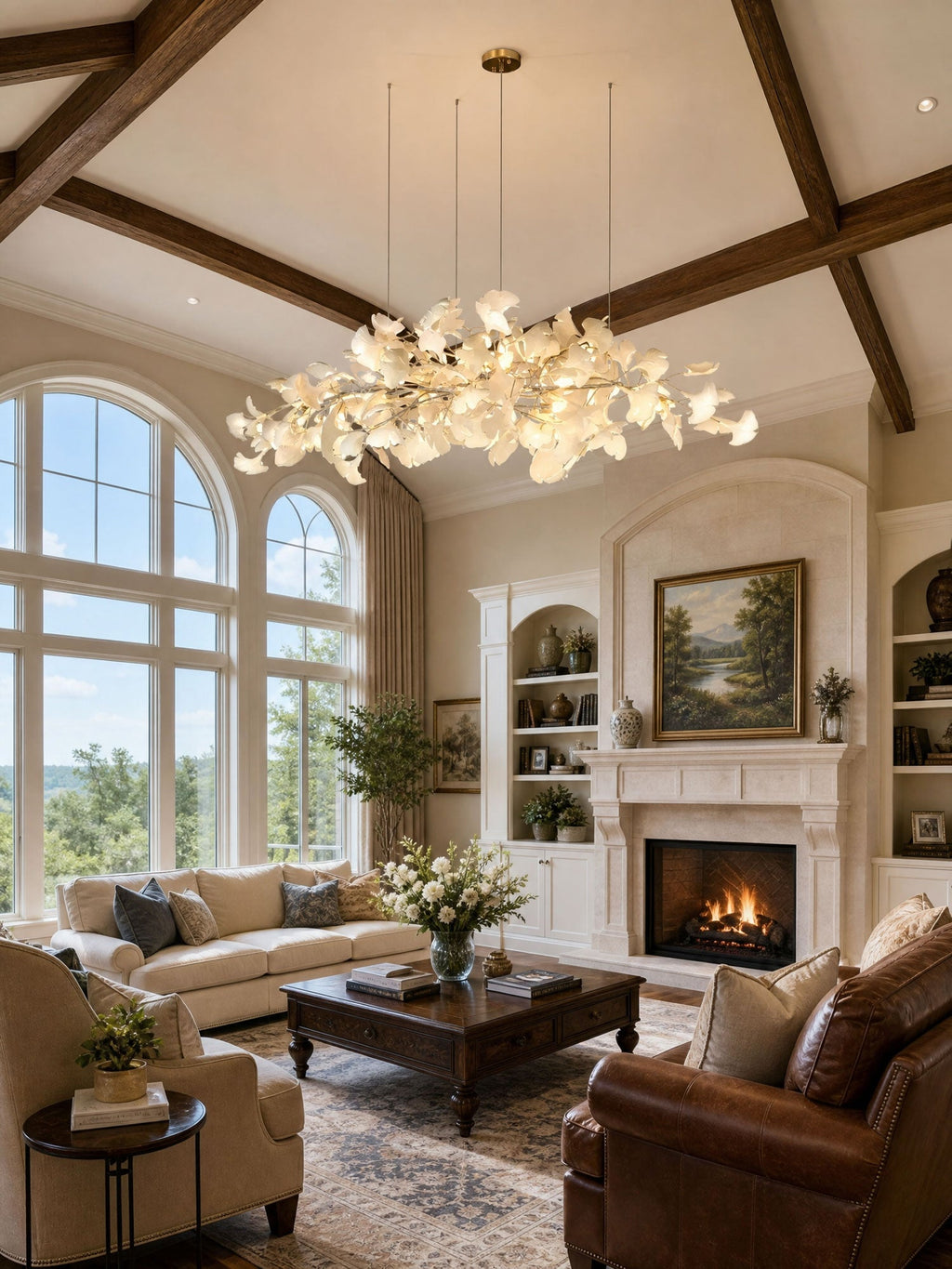 Leaf chandelier suspended over a styled dining space