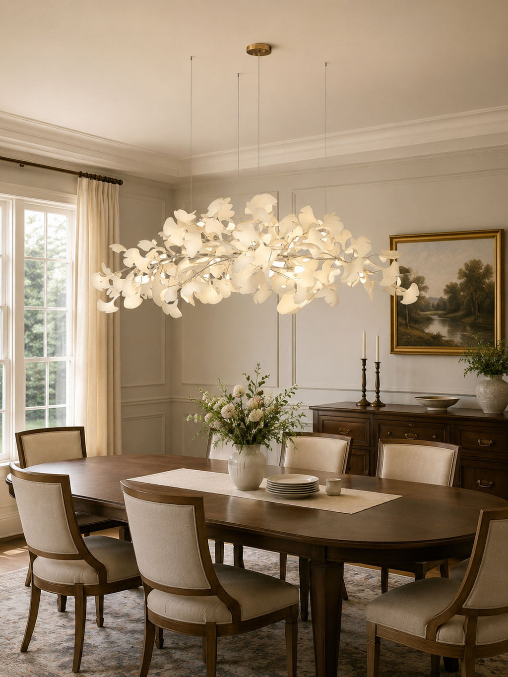 Ginkgo leaf chandelier glowing above a dining table