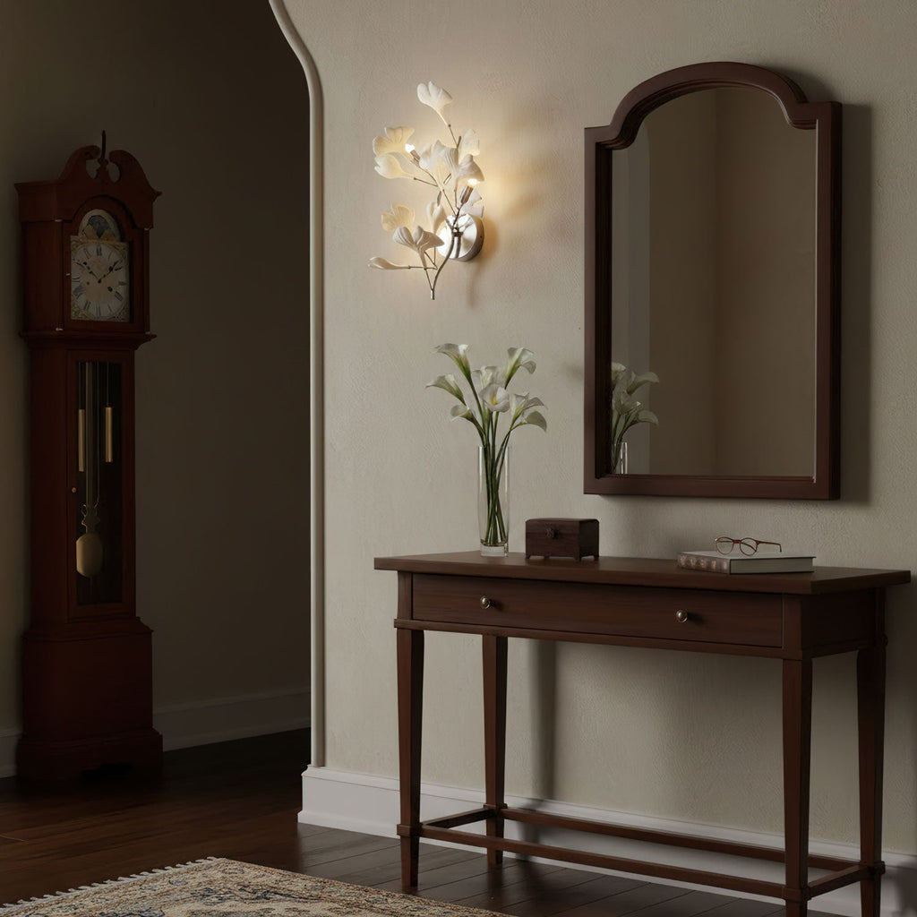 Gold ginkgo leaf wall lamp with white ceramic leaves