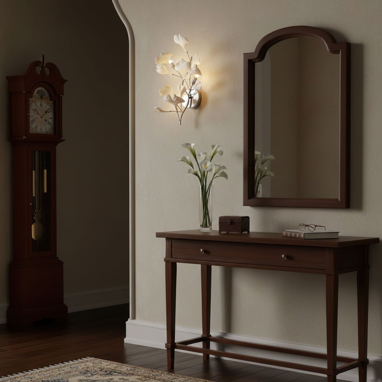 Gold ginkgo leaf wall lamp with white ceramic leaves