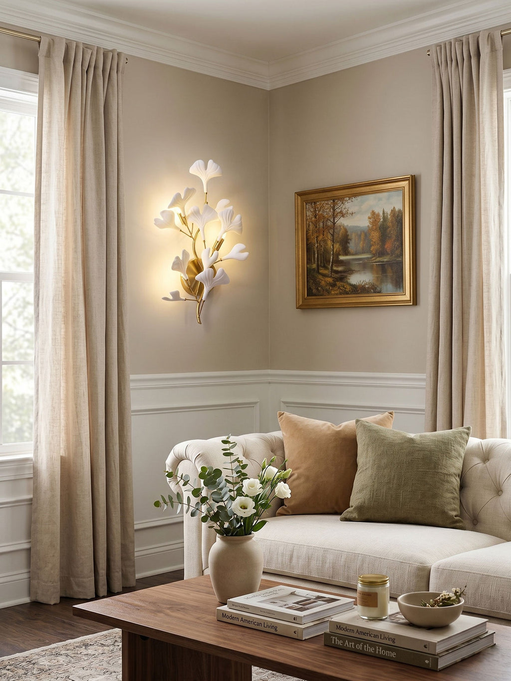 Porcelain ginkgo leaf wall lamp shown against neutral wall