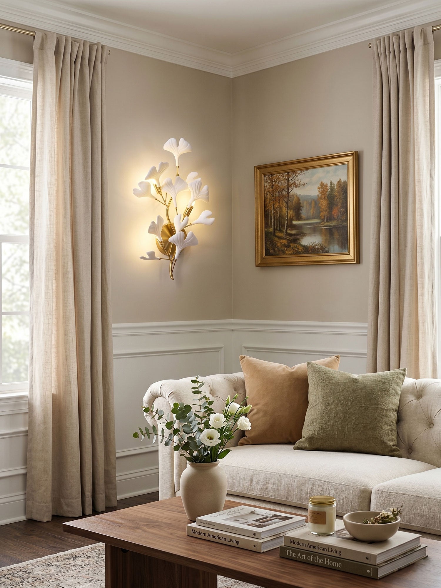 Porcelain ginkgo leaf wall lamp shown against neutral wall