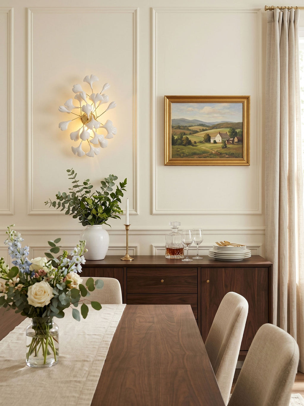 Ceramic ginkgo leaf wall lamp seen from a low angle