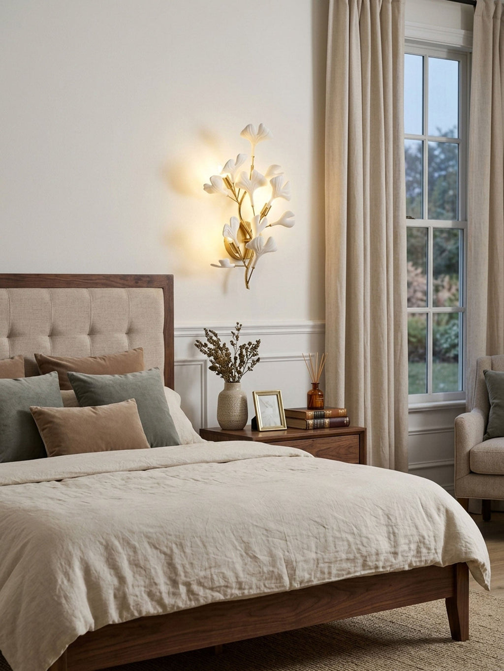 White ceramic ginkgo leaf wall lamp with a gold body