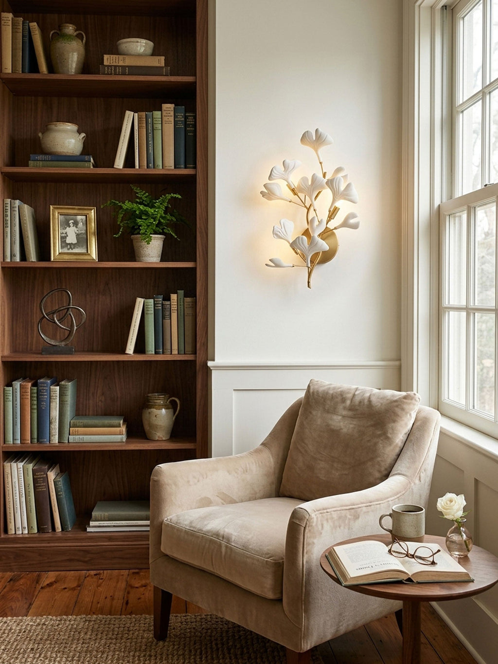 Ceramic ginkgo leaf wall lamp glowing in a dim room