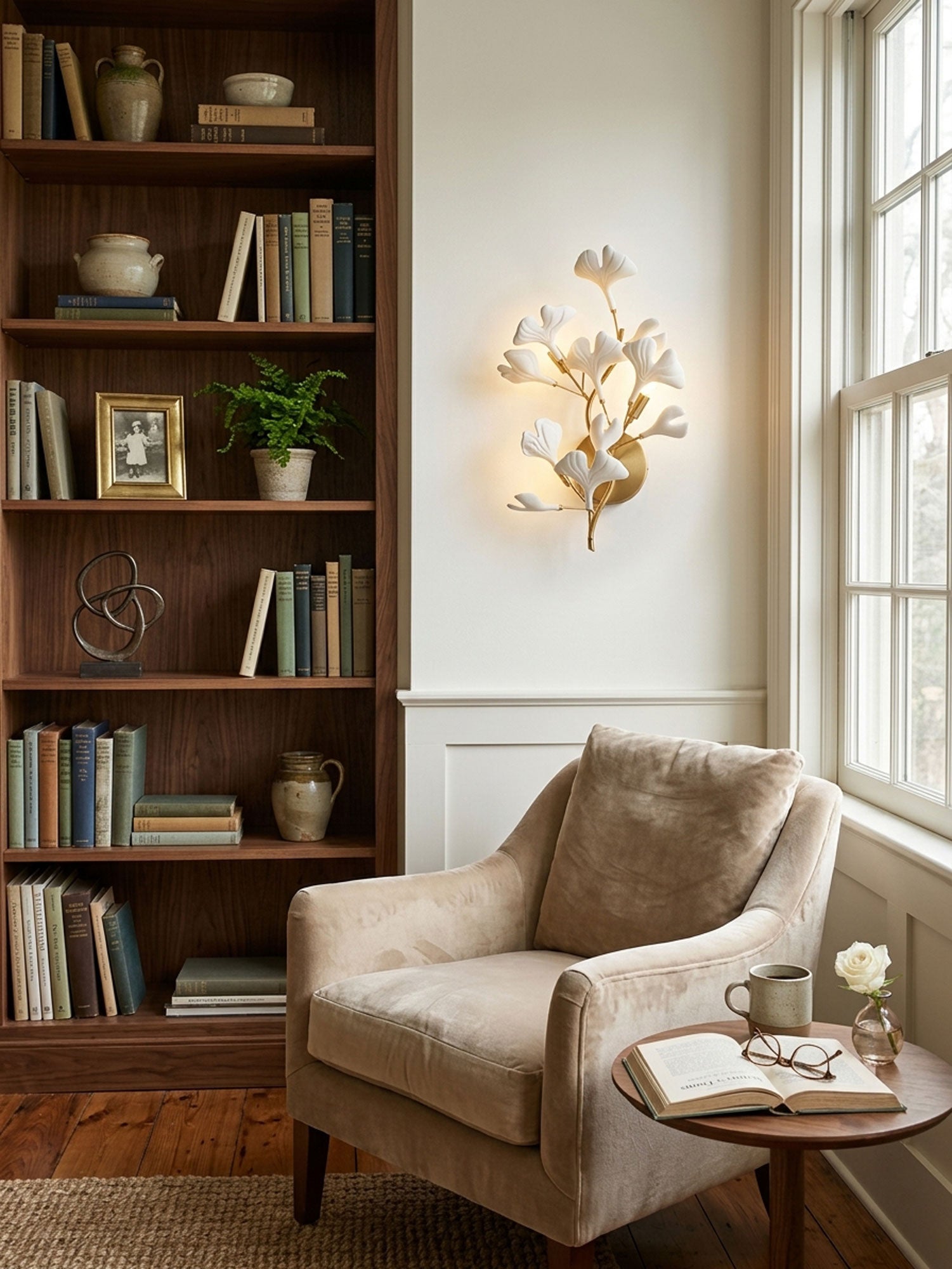 Ceramic ginkgo leaf wall lamp glowing in a dim room
