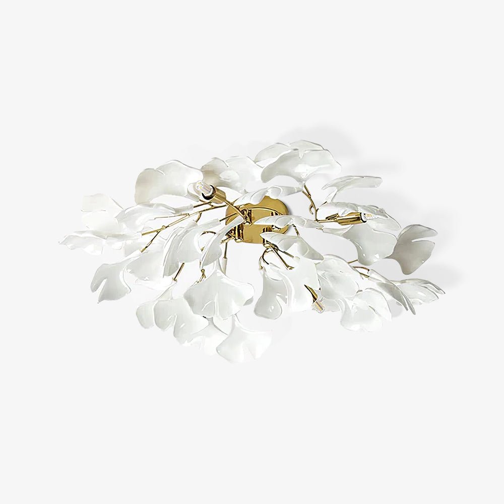 Loftlampe, hvide keramiske ginkgo-bladskærme, G9, guldfinish