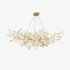 Gingko leaf chandelier shown spread across a tall ceiling