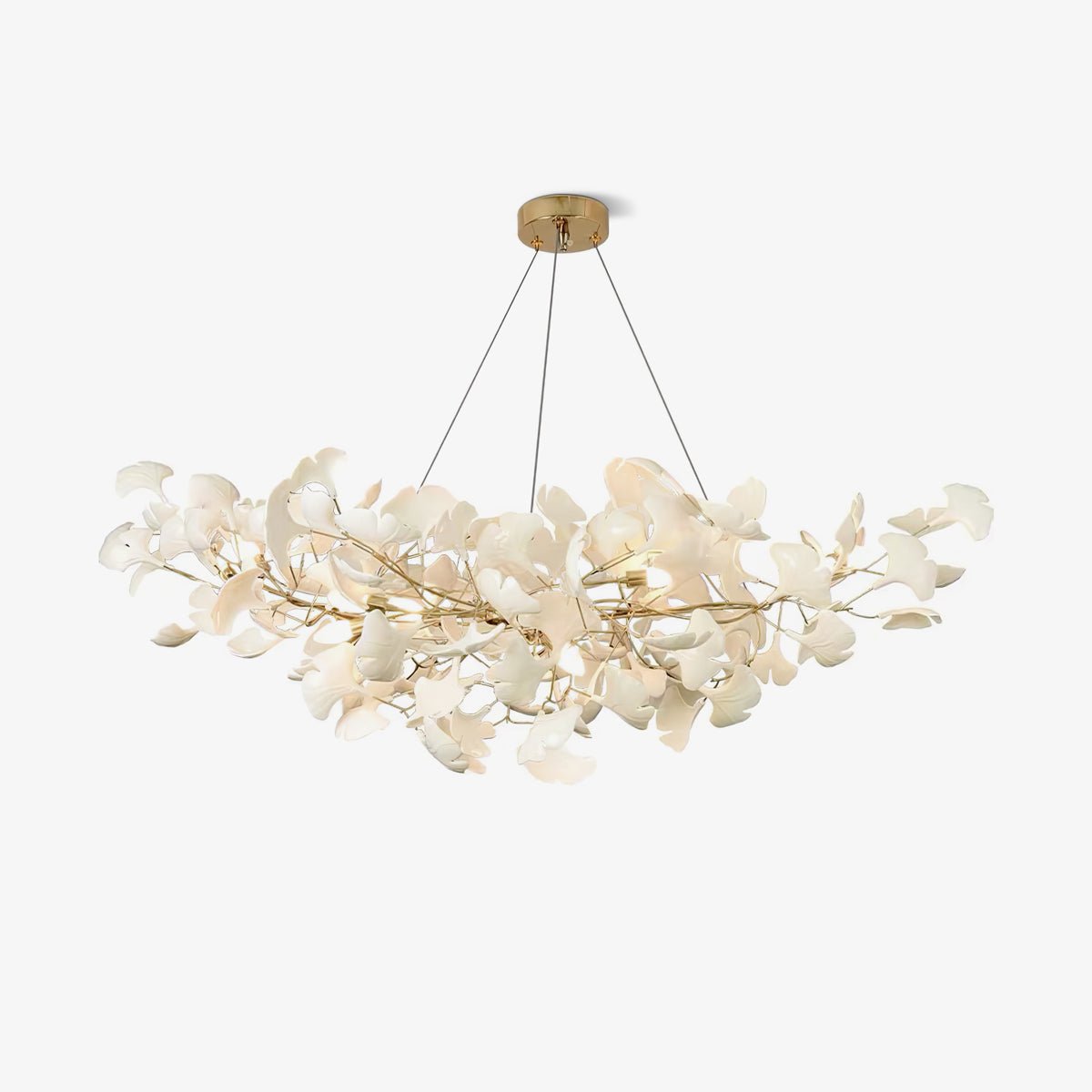 Gingko leaf chandelier shown spread across a tall ceiling