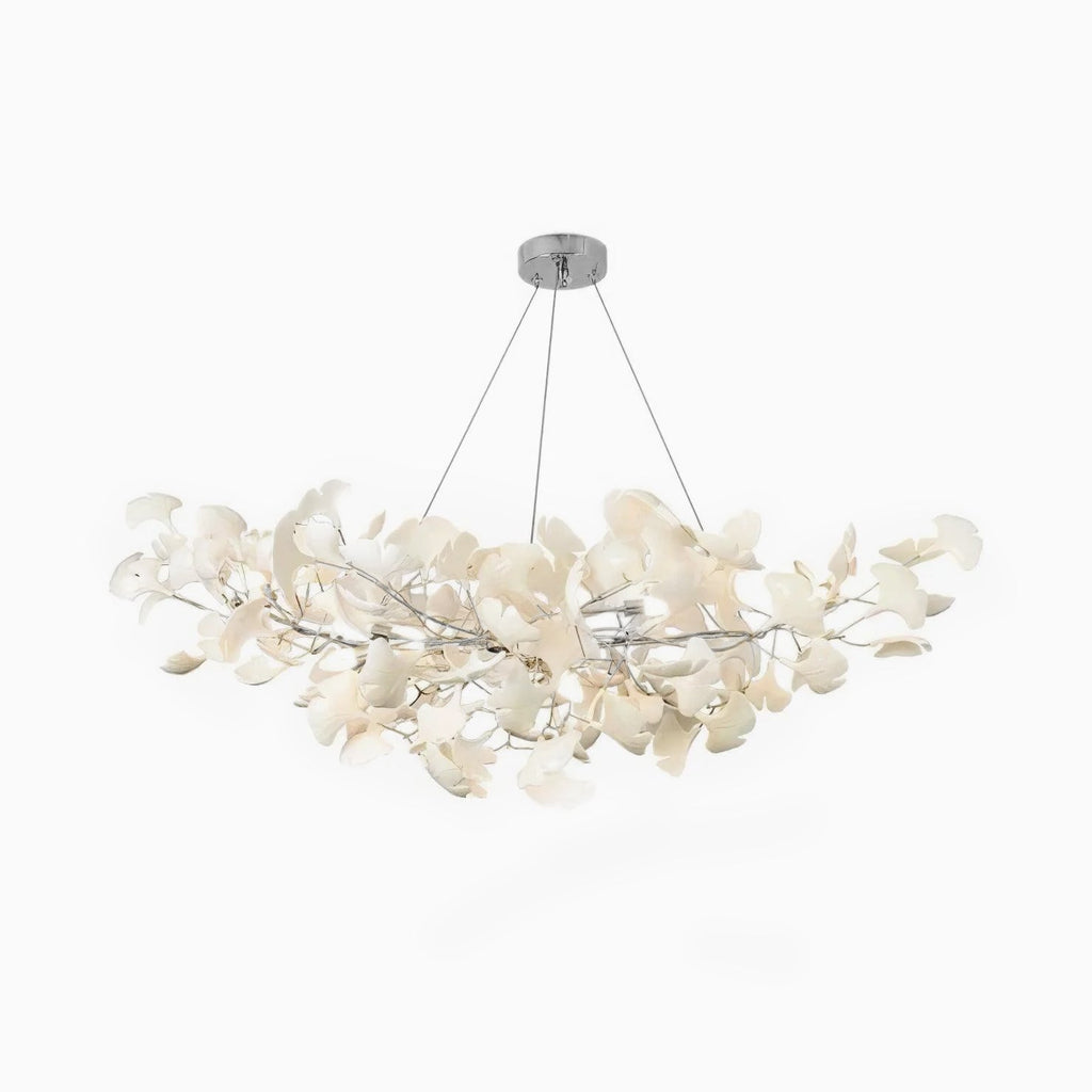 Gingko leaf chandelier in nickel finish with white porcelain leaves