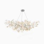 Gingko leaf chandelier in nickel finish with white porcelain leaves