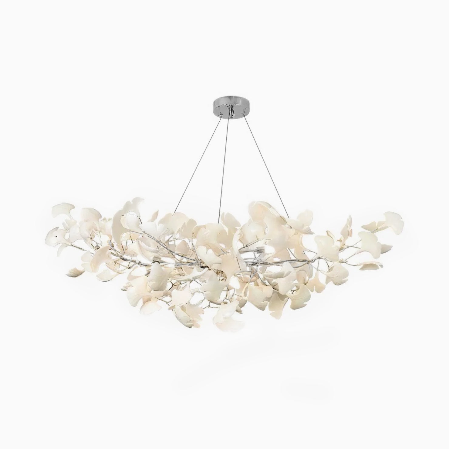 Gingko leaf chandelier in nickel finish with white porcelain leaves