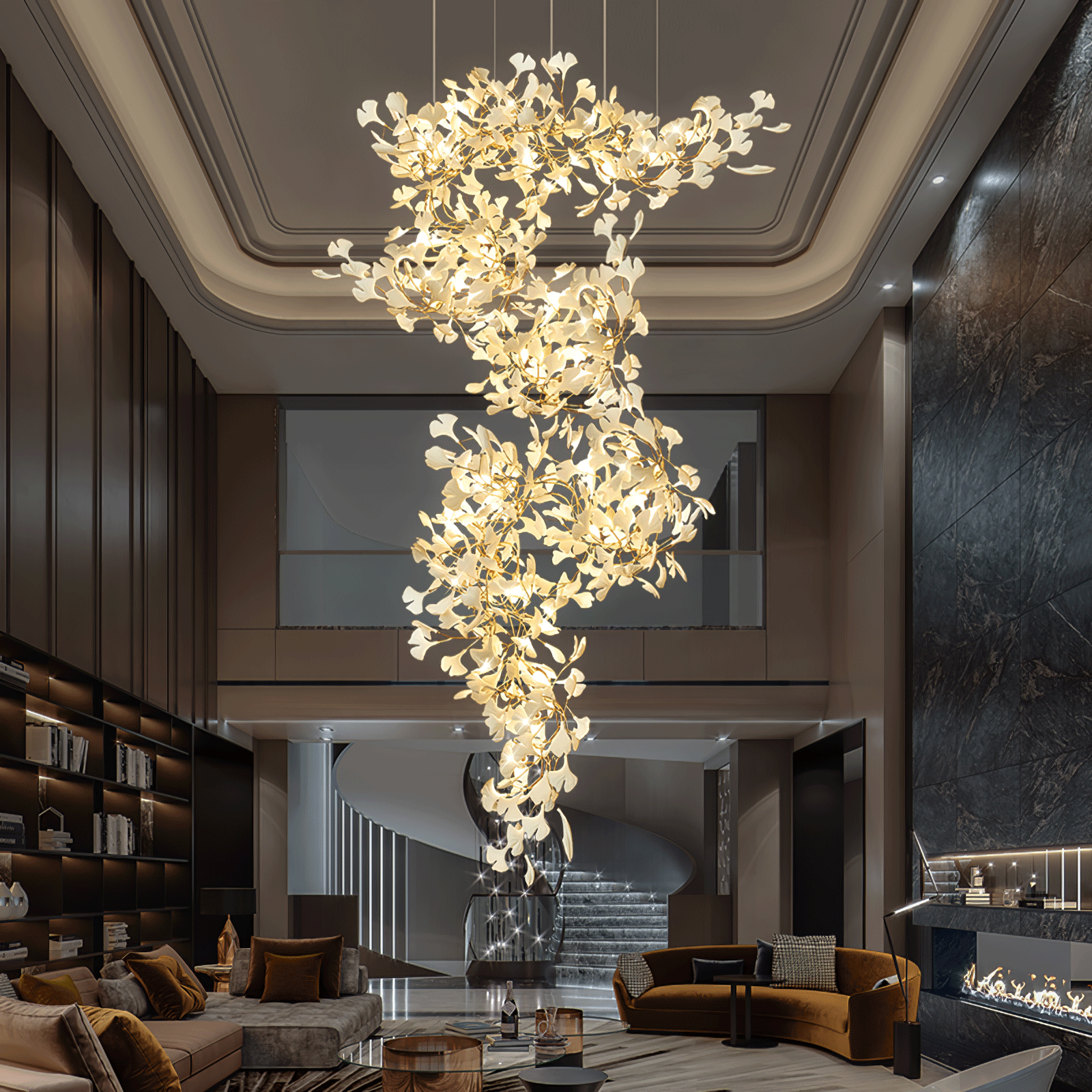 The chandelier dropping through a double-height living room with a coffered ceiling and mezzanine.