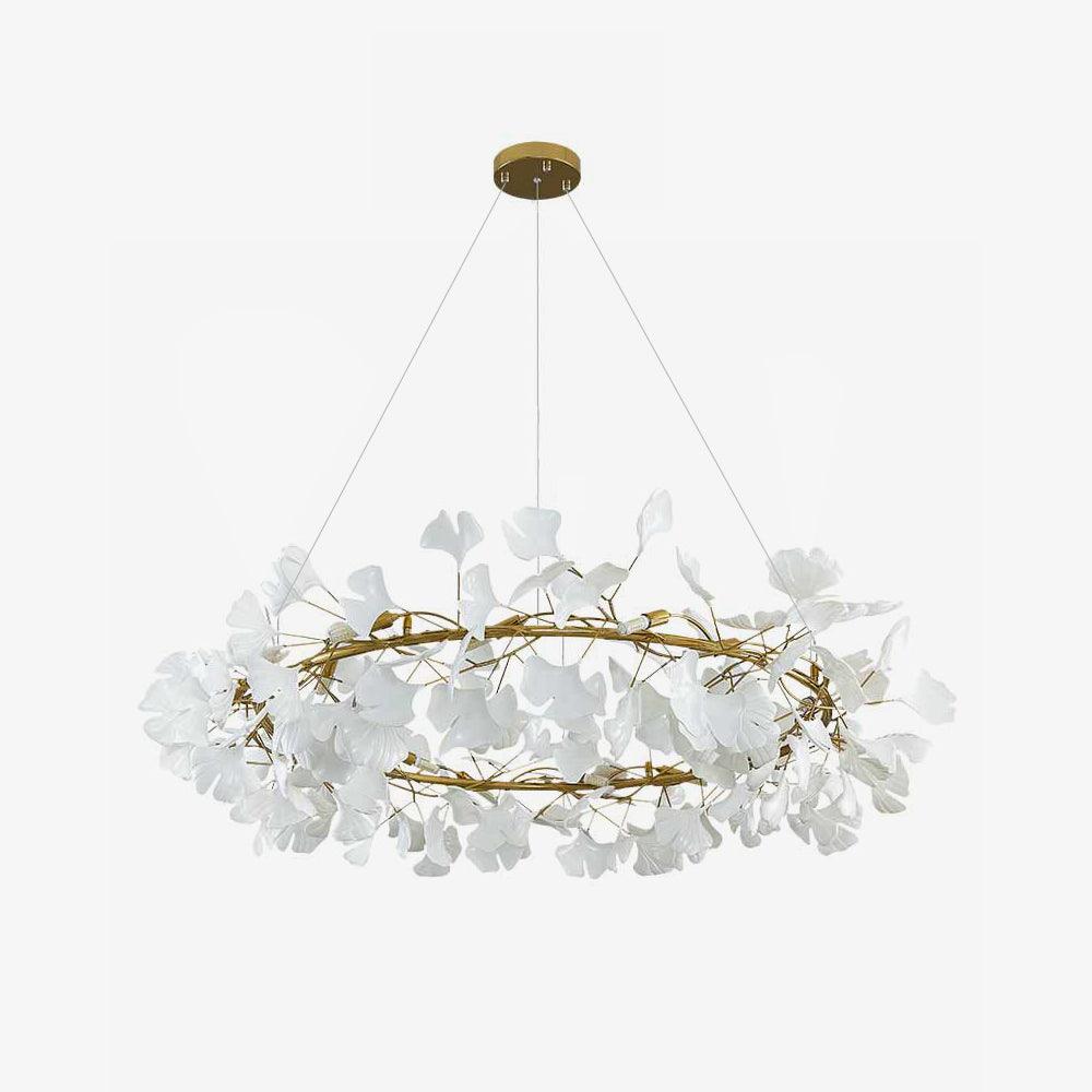 Chandelier, White Porcelain Ginkgo Leaves, Brass Ring, G9, Dimmable