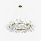 Chandelier, White Porcelain Ginkgo Leaves, Brass Ring, G9, Dimmable