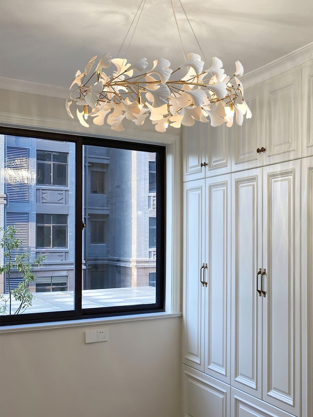 Chandelier, White Porcelain Ginkgo Leaves, Brass Ring, G9, Dimmable