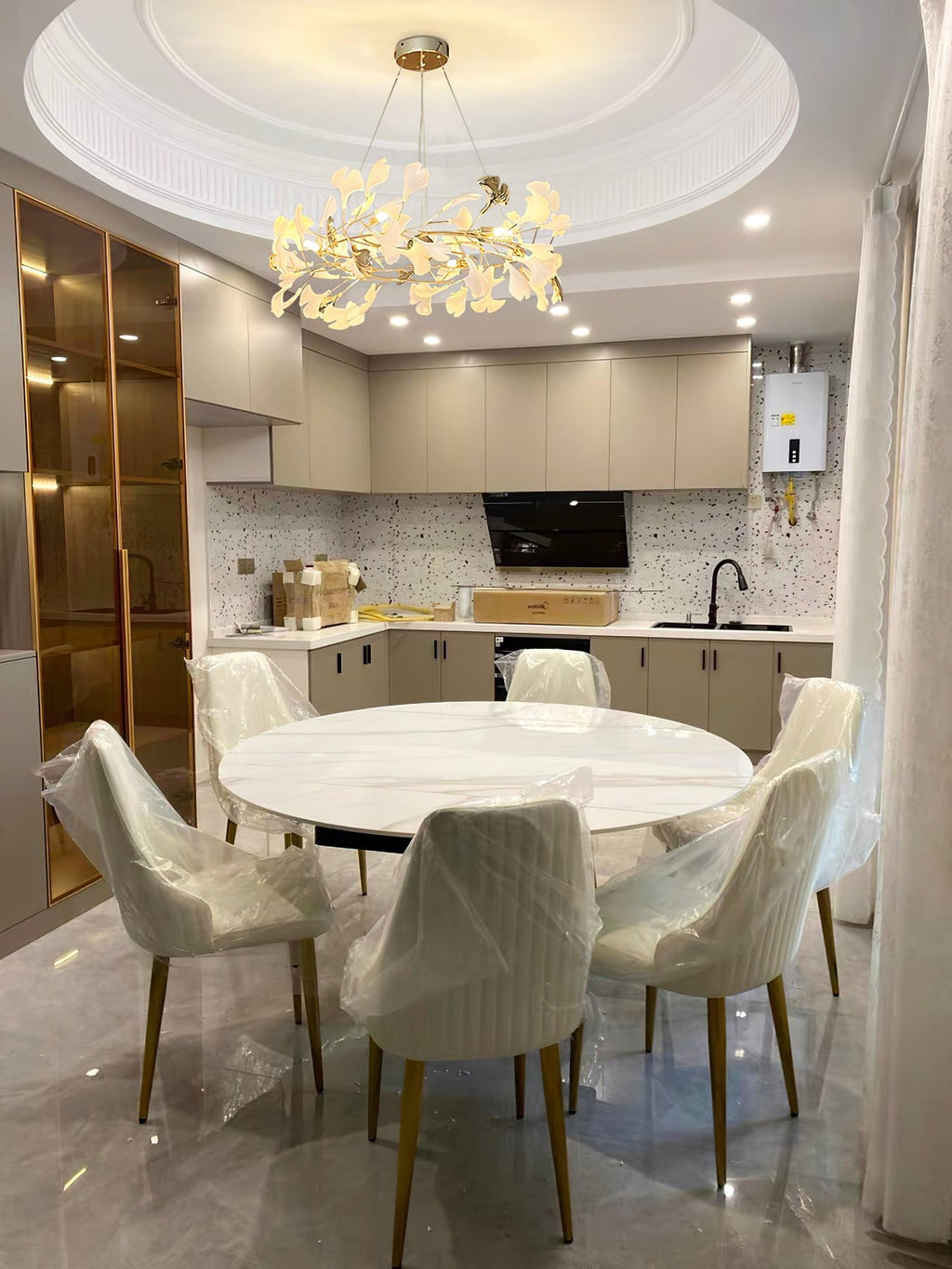 Chandelier, White Porcelain Ginkgo Leaves, Brass Ring, G9, Dimmable