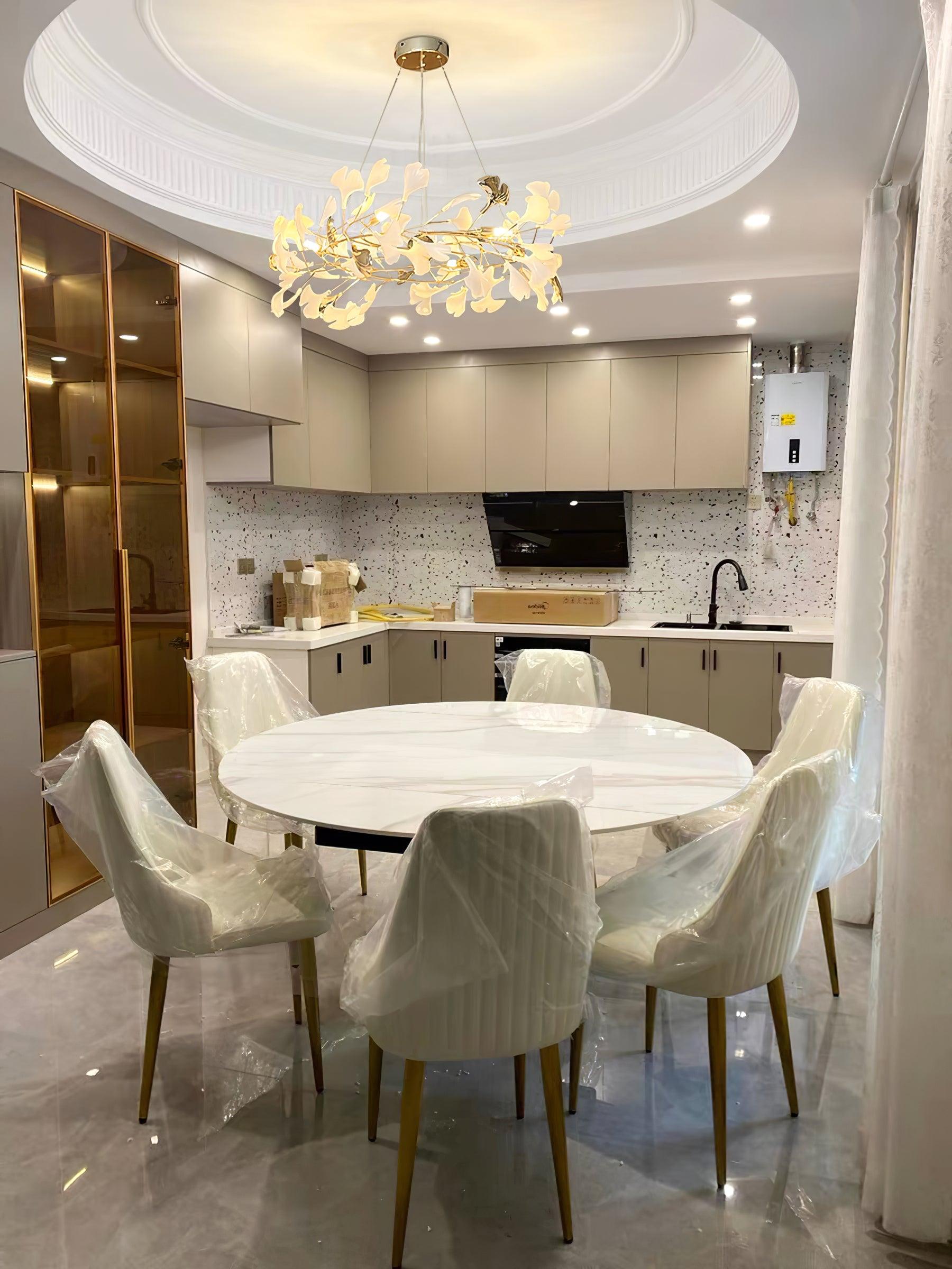 Chandelier, White Porcelain Ginkgo Leaves, Brass Ring, G9, Dimmable