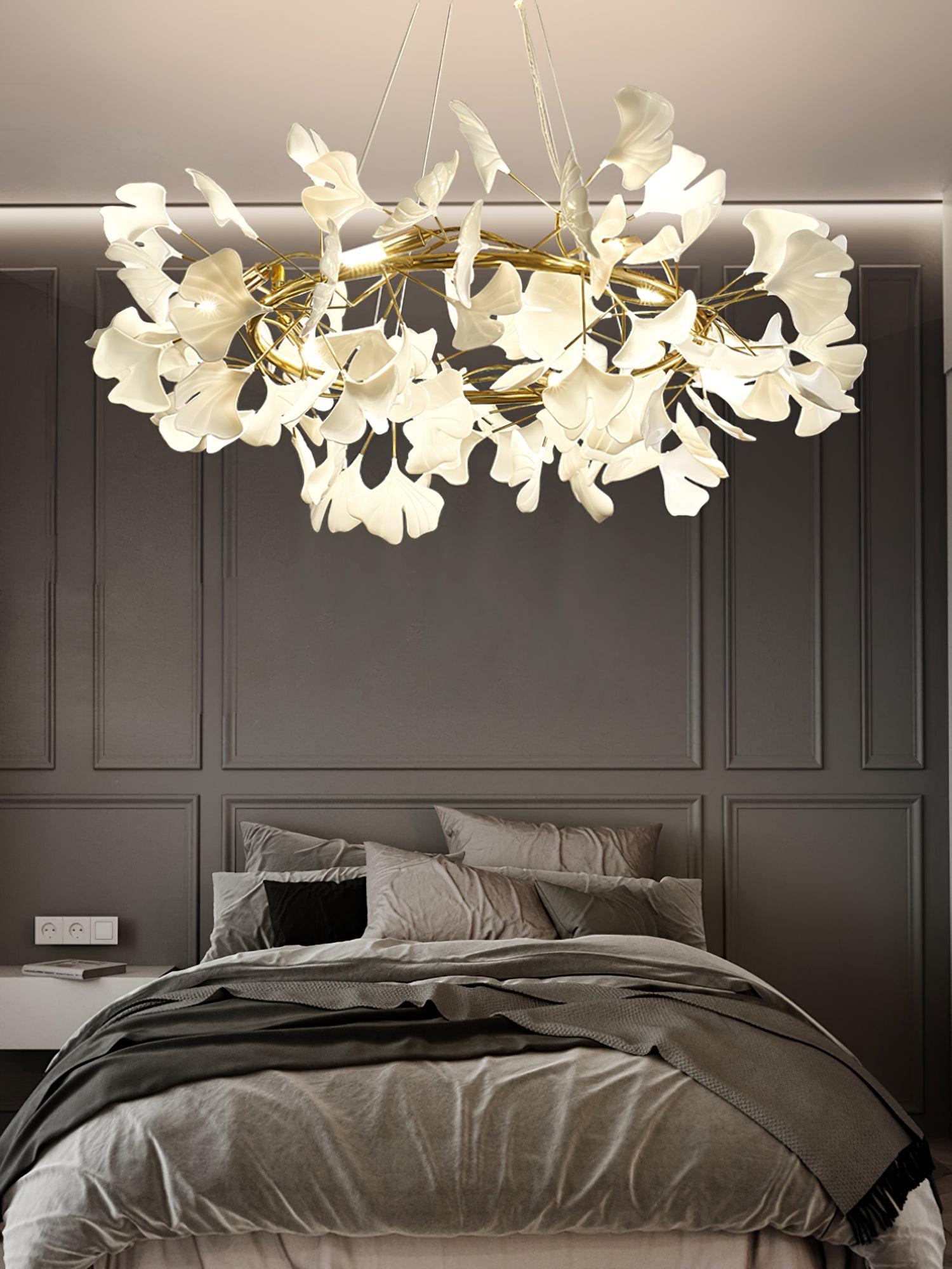 Chandelier, White Porcelain Ginkgo Leaves, Brass Ring, G9, Dimmable