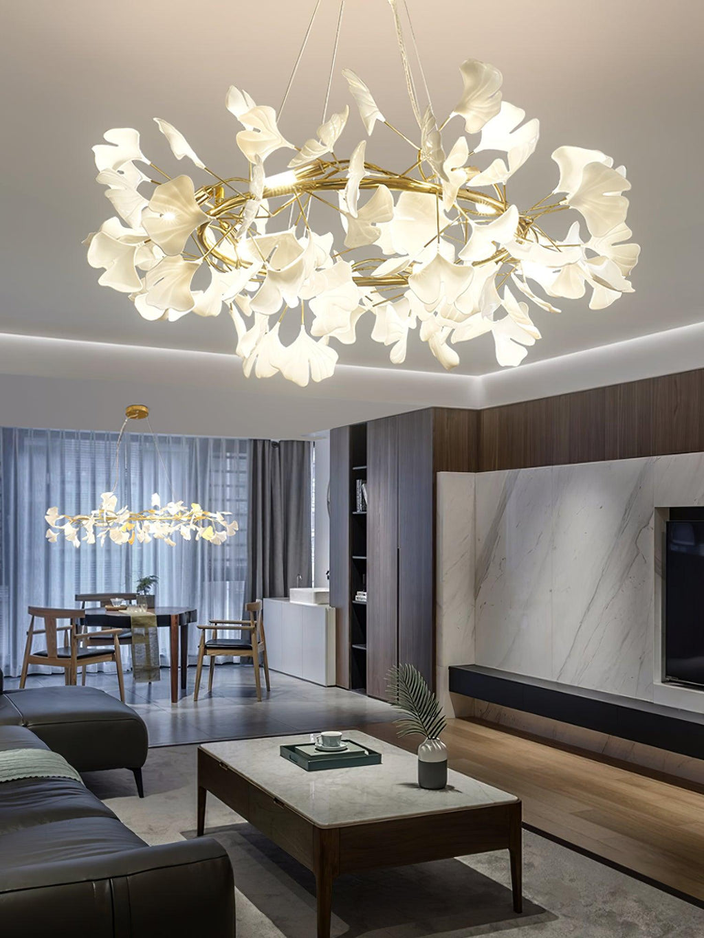 Chandelier, White Porcelain Ginkgo Leaves, Brass Ring, G9, Dimmable