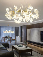 Chandelier, White Porcelain Ginkgo Leaves, Brass Ring, G9, Dimmable