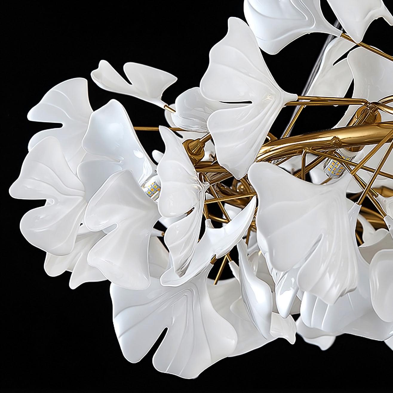 Chandelier, White Porcelain Ginkgo Leaves, Brass Ring, G9, Dimmable