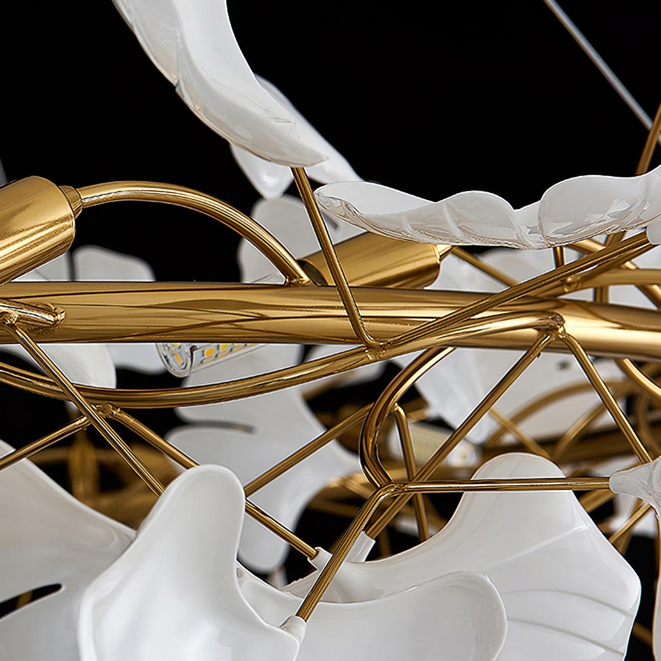 Chandelier, White Porcelain Ginkgo Leaves, Brass Ring, G9, Dimmable