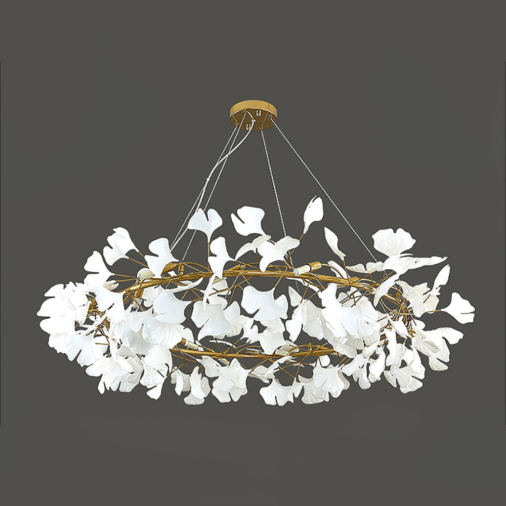 Brass ring chandelier with layered porcelain leaves from below