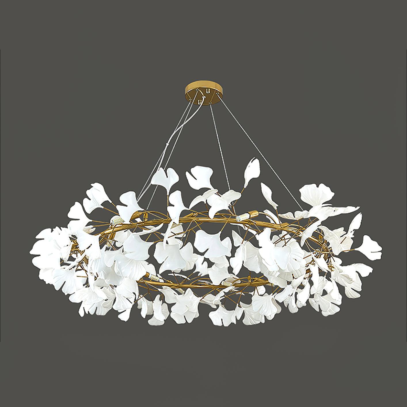 Brass ring chandelier with layered porcelain leaves from below