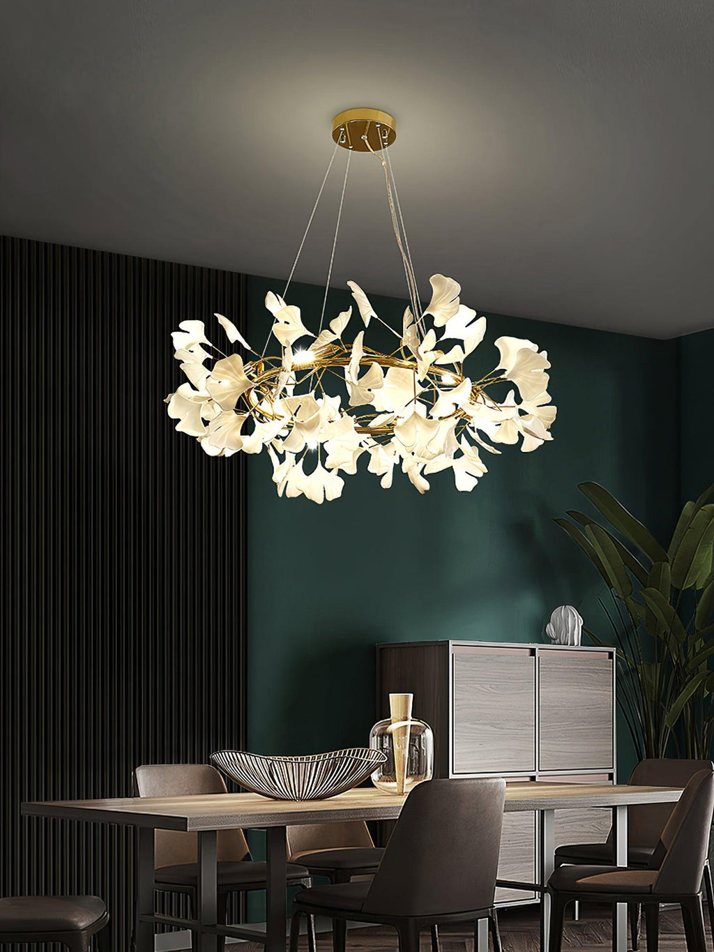 Chandelier, White Porcelain Ginkgo Leaves, Brass Ring, G9, Dimmable