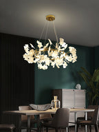 Chandelier, White Porcelain Ginkgo Leaves, Brass Ring, G9, Dimmable