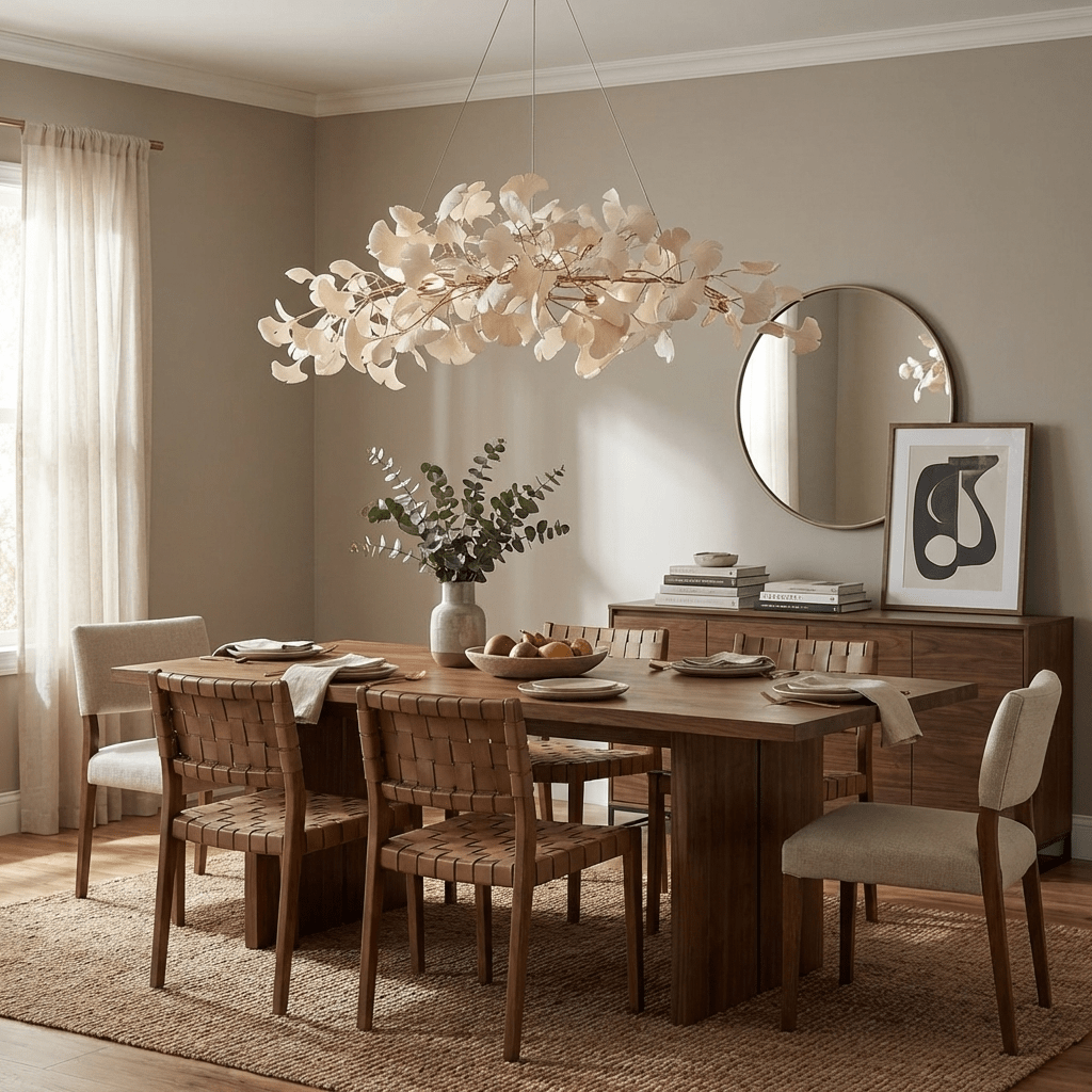 Ginkgo leaf chandelier glowing with warm interior light