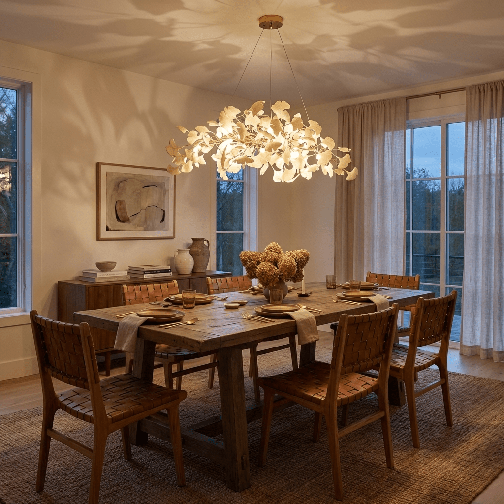 Dense white leaf chandelier glowing against a dark ceiling
