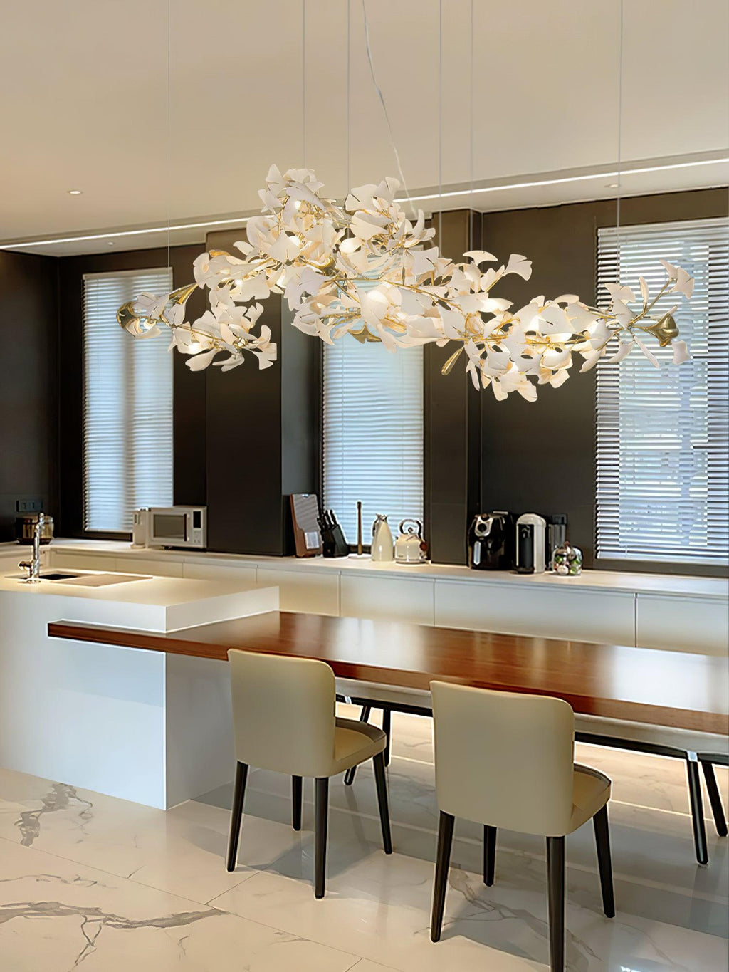 Dense porcelain leaf chandelier seen from underneath