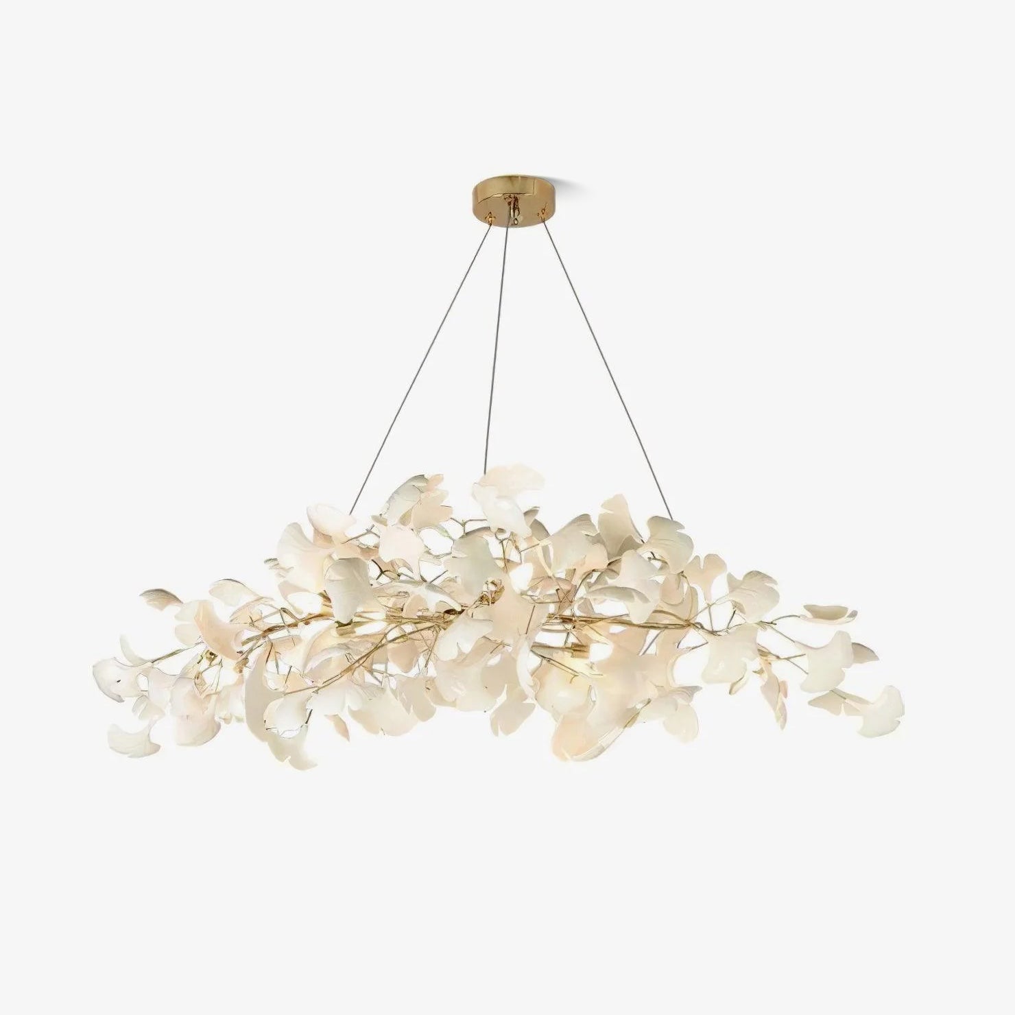 Long chandelier of dense white porcelain leaves on gold branches